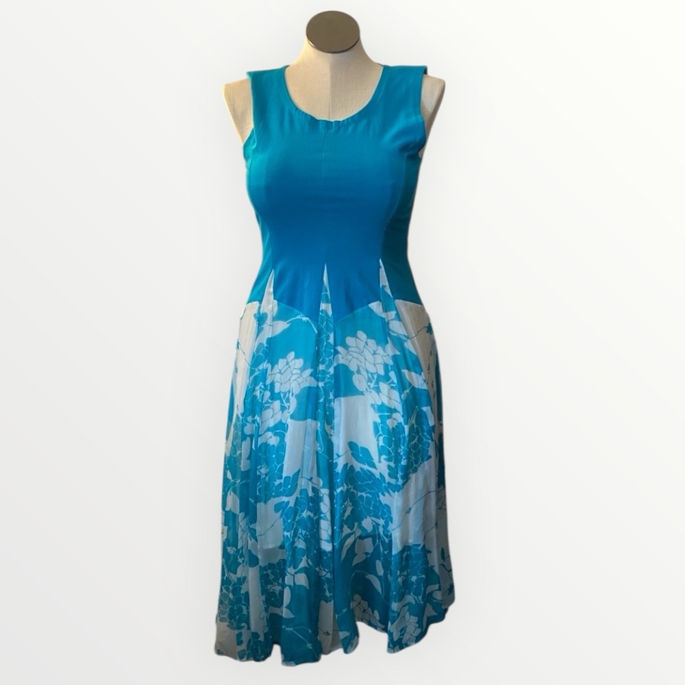 Vintage Advanced Apparels Dress Women’s Free Size Retro‎ Aqua Blue Floral MIDI